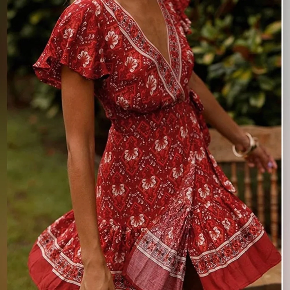 Red Floral Wrap Mini Dress - Women's V-Neck Short Sleeve - Picture 2 of 11